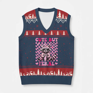 Cute But Feral Raccoon V-Neck Knit Sweater Vest Funny Sunglasses Trash Panda TS10 Navy Red Print Your Wear