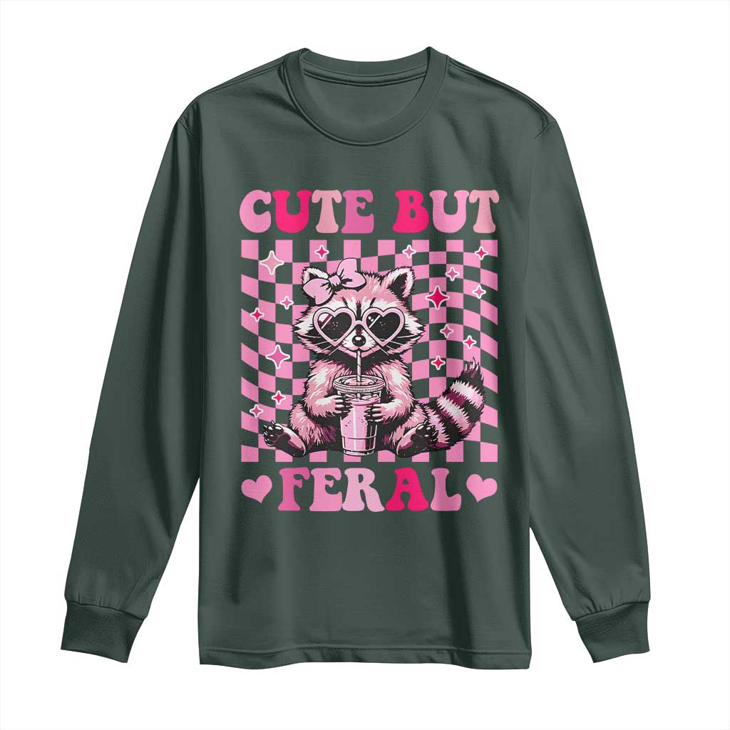 Cute But Feral Raccoon Long Sleeve Shirt Funny Sunglasses Trash Panda TS10 Dark Forest Green Print Your Wear