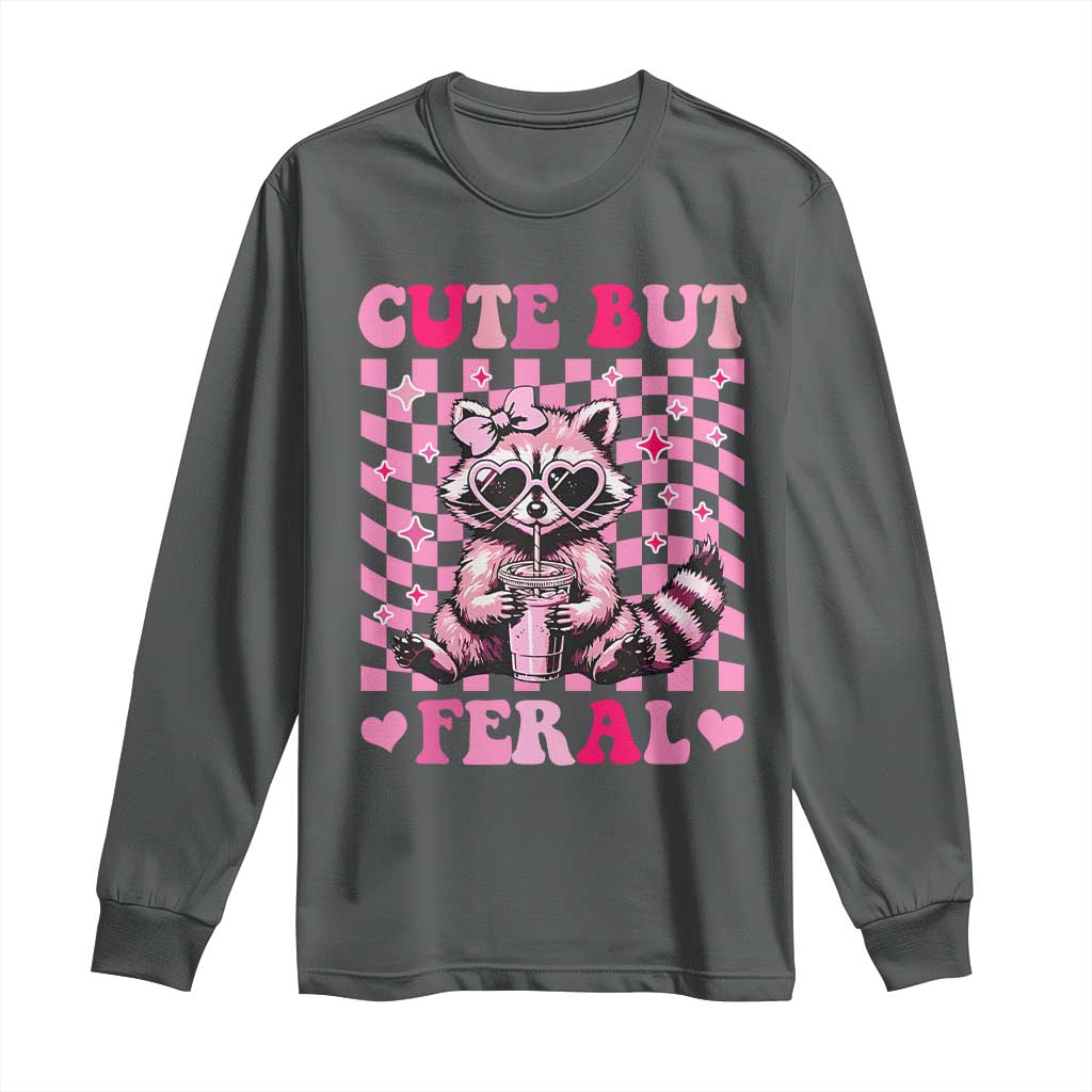 Cute But Feral Raccoon Long Sleeve Shirt Funny Sunglasses Trash Panda TS10 Dark Heather Print Your Wear