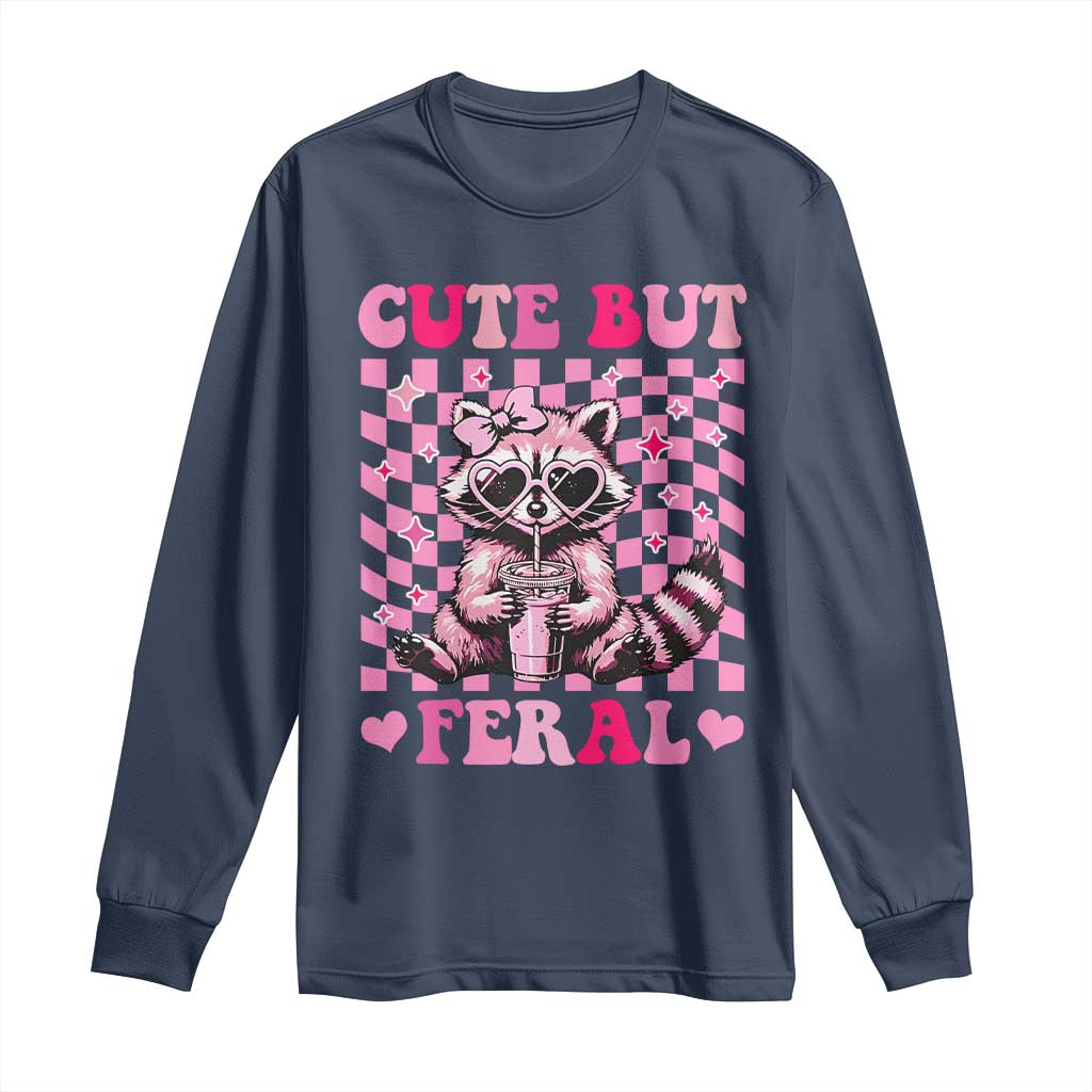 Cute But Feral Raccoon Long Sleeve Shirt Funny Sunglasses Trash Panda TS10 Navy Print Your Wear