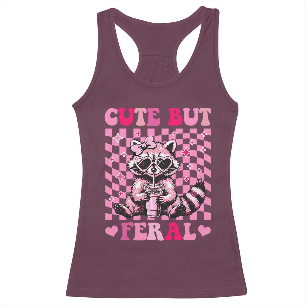 Cute But Feral Raccoon Racerback Tank Top Funny Sunglasses Trash Panda TS10 Maroon Print Your Wear