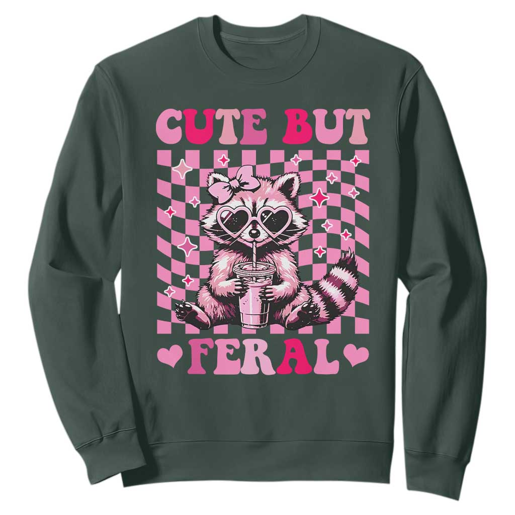 Cute But Feral Raccoon Sweatshirt Funny Sunglasses Trash Panda TS10 Dark Forest Green Print Your Wear
