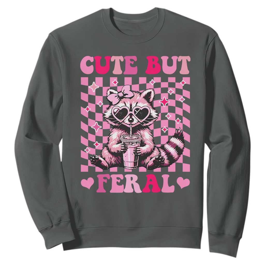 Cute But Feral Raccoon Sweatshirt Funny Sunglasses Trash Panda TS10 Dark Heather Print Your Wear