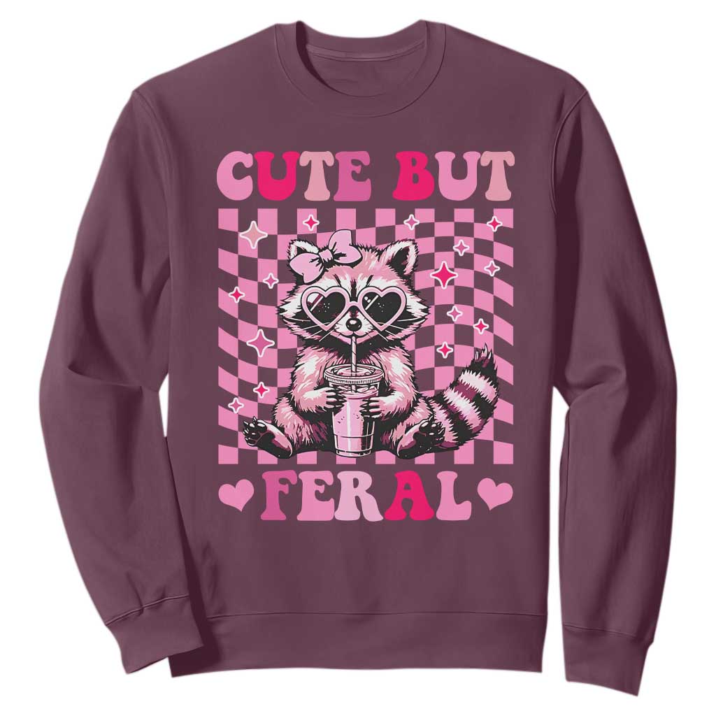 Cute But Feral Raccoon Sweatshirt Funny Sunglasses Trash Panda TS10 Maroon Print Your Wear