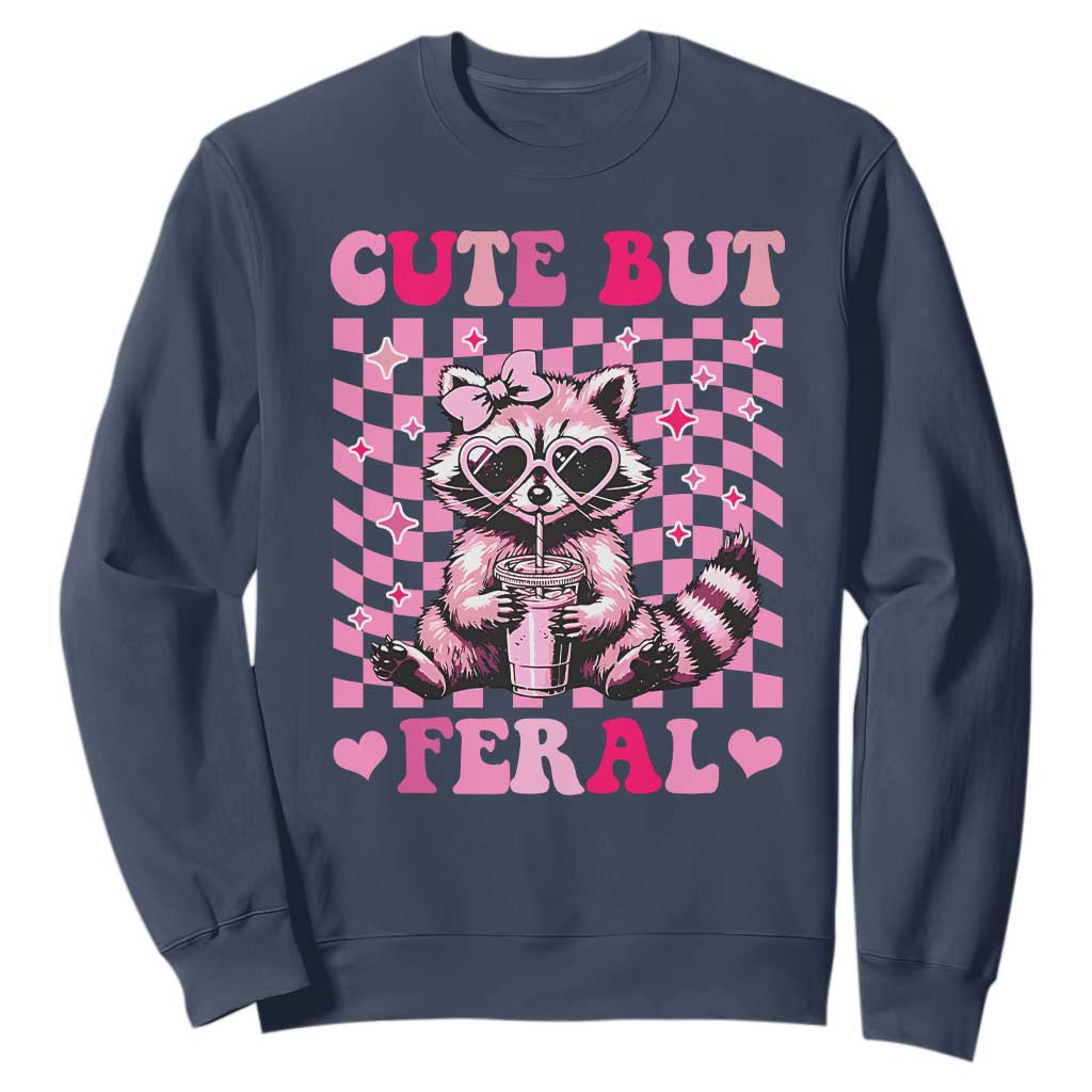 Cute But Feral Raccoon Sweatshirt Funny Sunglasses Trash Panda TS10 Navy Print Your Wear