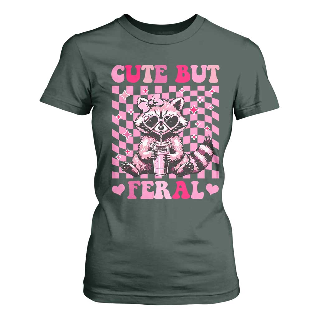 Cute But Feral Raccoon T Shirt For Women Funny Sunglasses Trash Panda TS10 Dark Forest Green Print Your Wear
