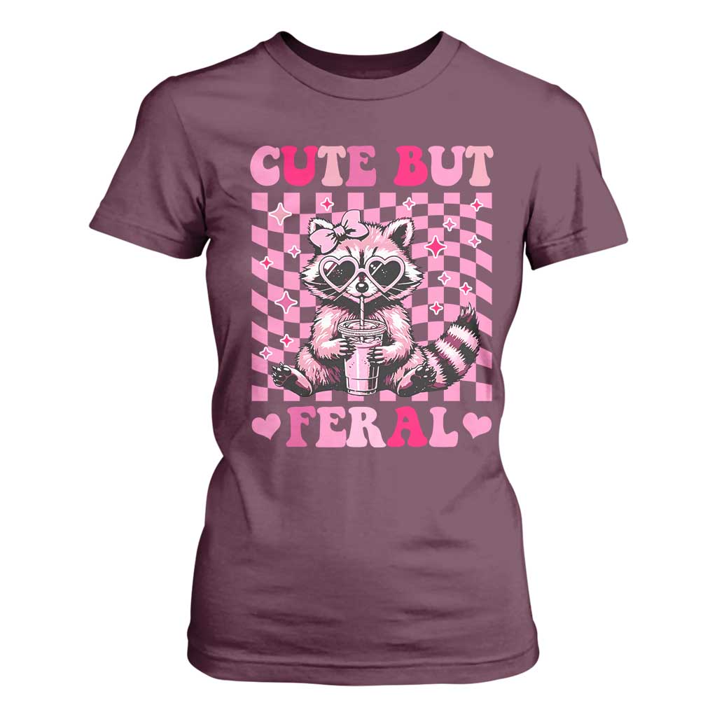 Cute But Feral Raccoon T Shirt For Women Funny Sunglasses Trash Panda TS10 Maroon Print Your Wear