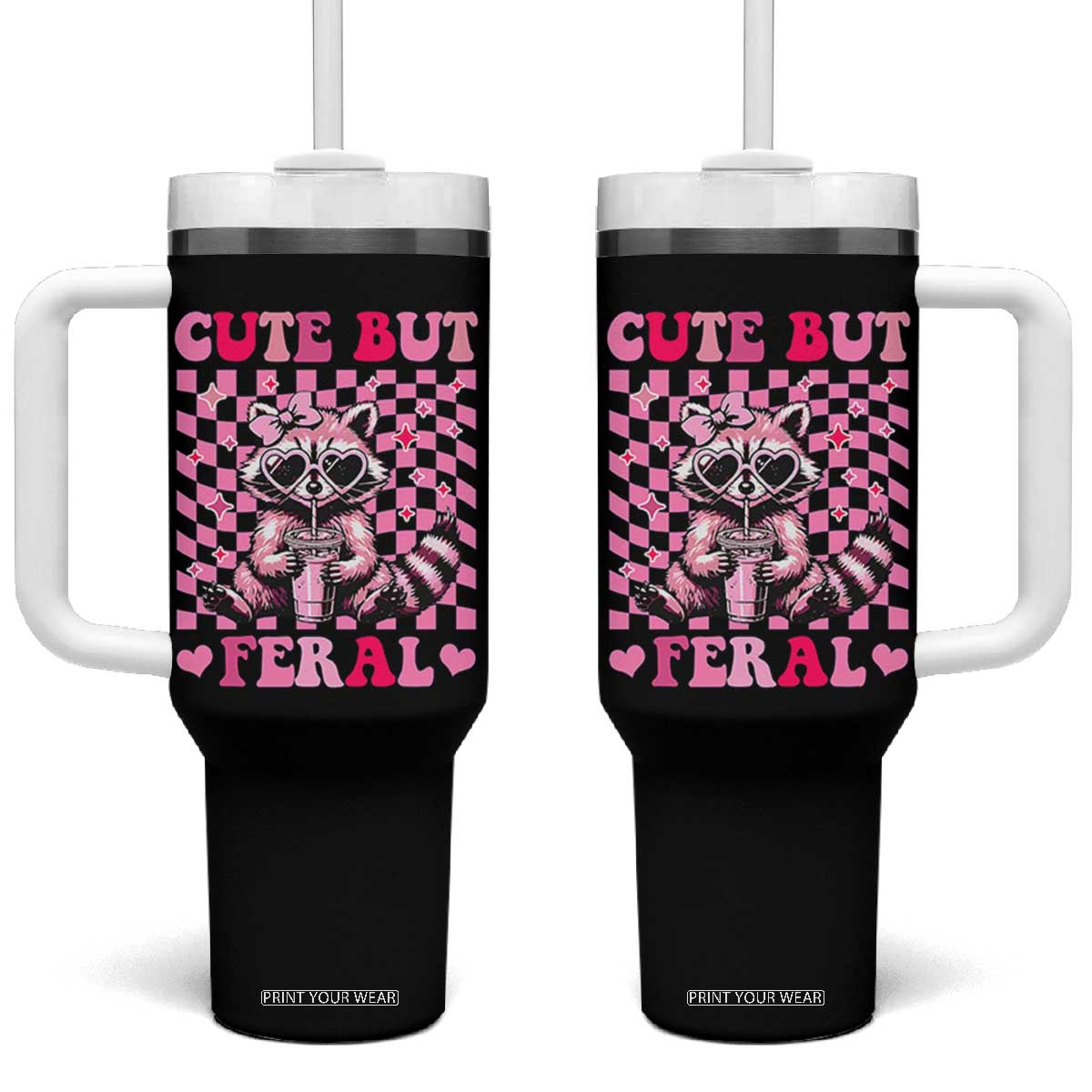 Cute But Feral Raccoon Tumbler With Handle Funny Sunglasses Trash Panda TS10 One Size: 40 oz Black Print Your Wear