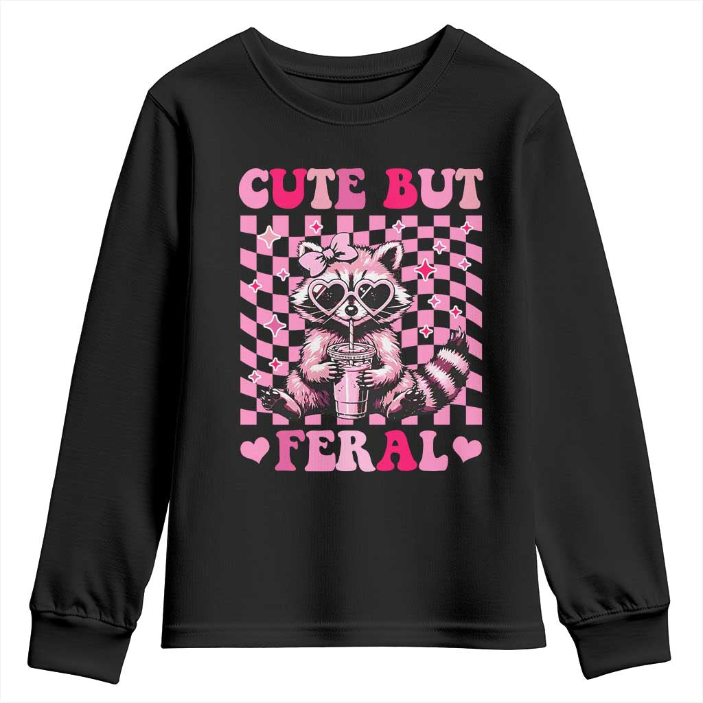 Cute But Feral Raccoon Youth Sweatshirt Funny Sunglasses Trash Panda TS10 Black Print Your Wear