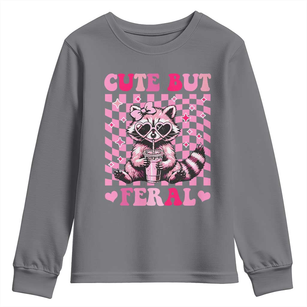 Cute But Feral Raccoon Youth Sweatshirt Funny Sunglasses Trash Panda TS10 Charcoal Print Your Wear