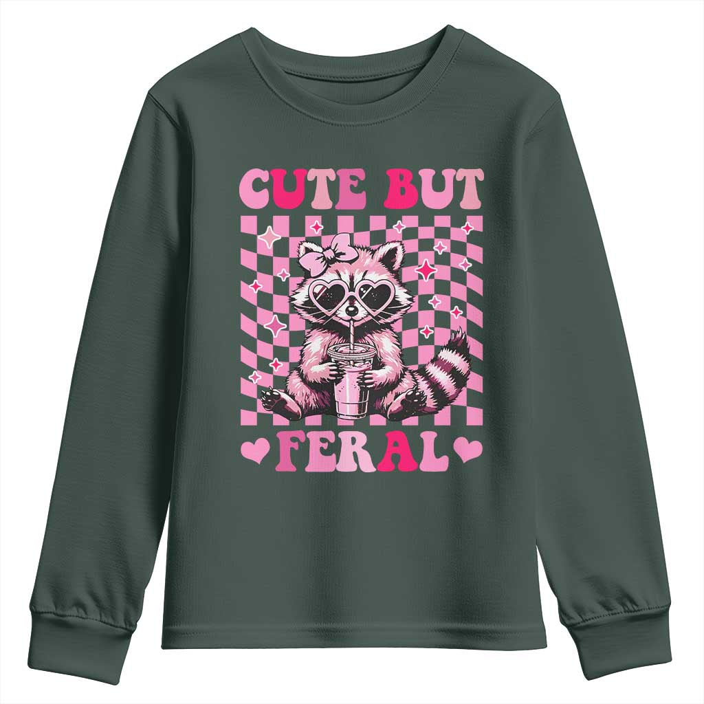 Cute But Feral Raccoon Youth Sweatshirt Funny Sunglasses Trash Panda TS10 Dark Forest Green Print Your Wear