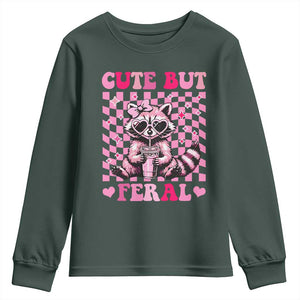 Cute But Feral Raccoon Youth Sweatshirt Funny Sunglasses Trash Panda TS10 Dark Forest Green Print Your Wear