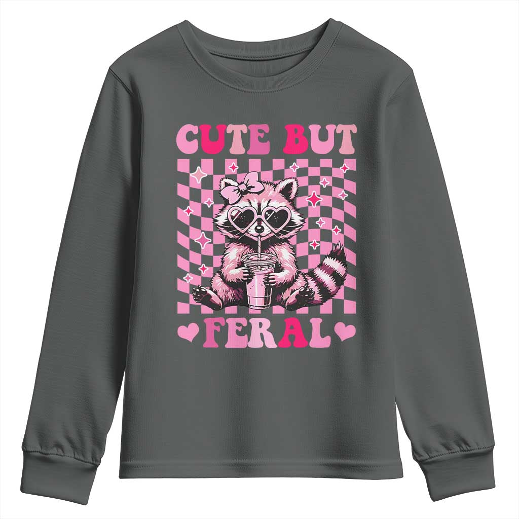 Cute But Feral Raccoon Youth Sweatshirt Funny Sunglasses Trash Panda TS10 Dark Heather Print Your Wear