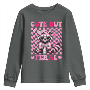 Cute But Feral Raccoon Youth Sweatshirt Funny Sunglasses Trash Panda TS10 Dark Heather Print Your Wear