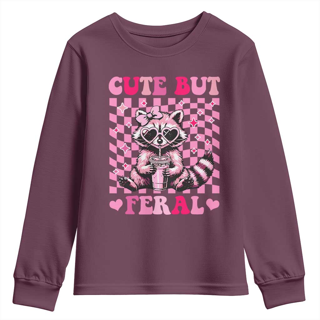 Cute But Feral Raccoon Youth Sweatshirt Funny Sunglasses Trash Panda TS10 Maroon Print Your Wear