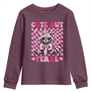 Cute But Feral Raccoon Youth Sweatshirt Funny Sunglasses Trash Panda TS10 Maroon Print Your Wear