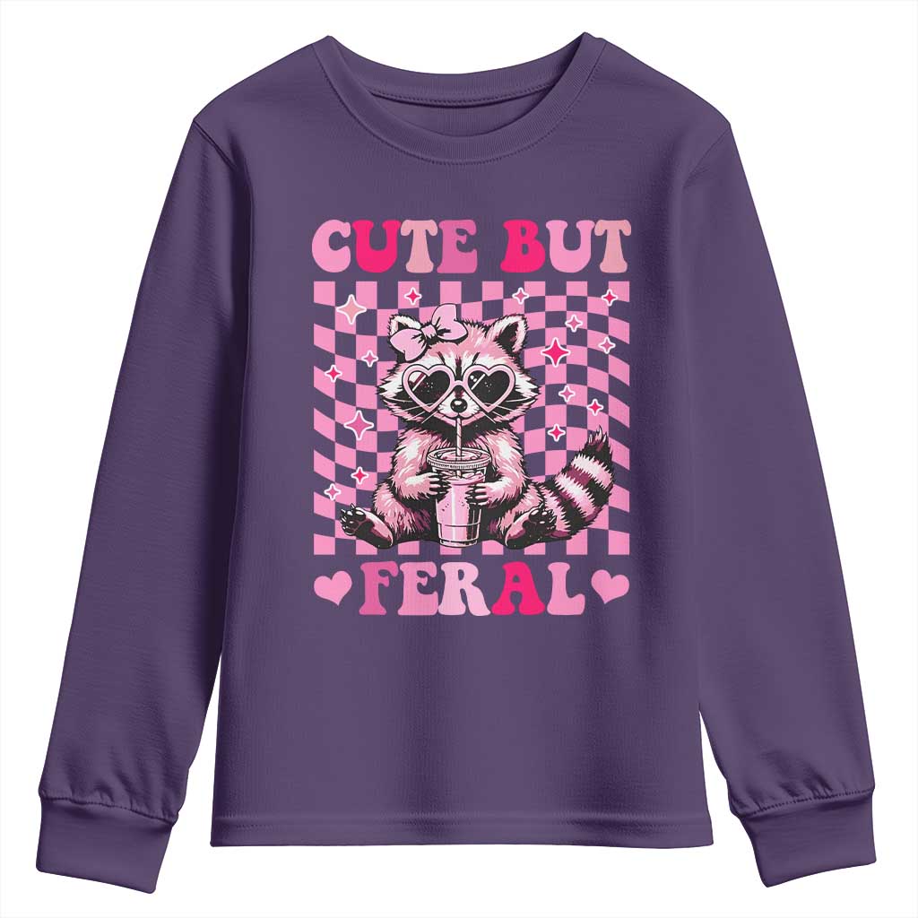 Cute But Feral Raccoon Youth Sweatshirt Funny Sunglasses Trash Panda TS10 Purple Print Your Wear