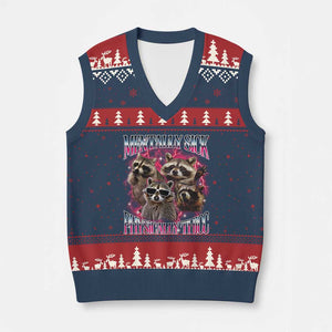 Physically Thicc Funny Raccoon Meme V-Neck Knit Sweater Vest Mentally Sick Bootleg Graphic 90s TS10 Navy Red Print Your Wear