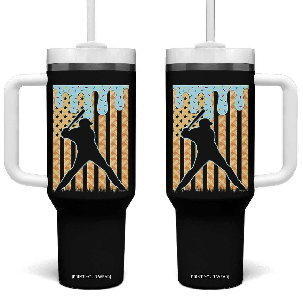Baseball Drip Tumbler With Handle Dripping Ice Cream Sprinkles American Flag Boys TS10 One Size: 40 oz Black Print Your Wear