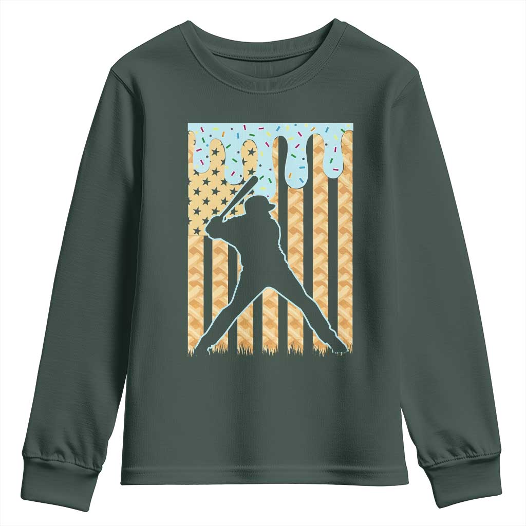 Baseball Drip Youth Sweatshirt Dripping Ice Cream Sprinkles American Flag Boys TS10 Dark Forest Green Print Your Wear