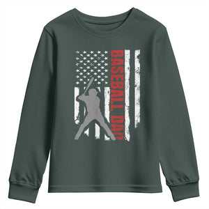 Baseball Dad Youth Sweatshirt Retro US Flag Fathers Day Baseball Player TS10 Dark Forest Green Print Your Wear