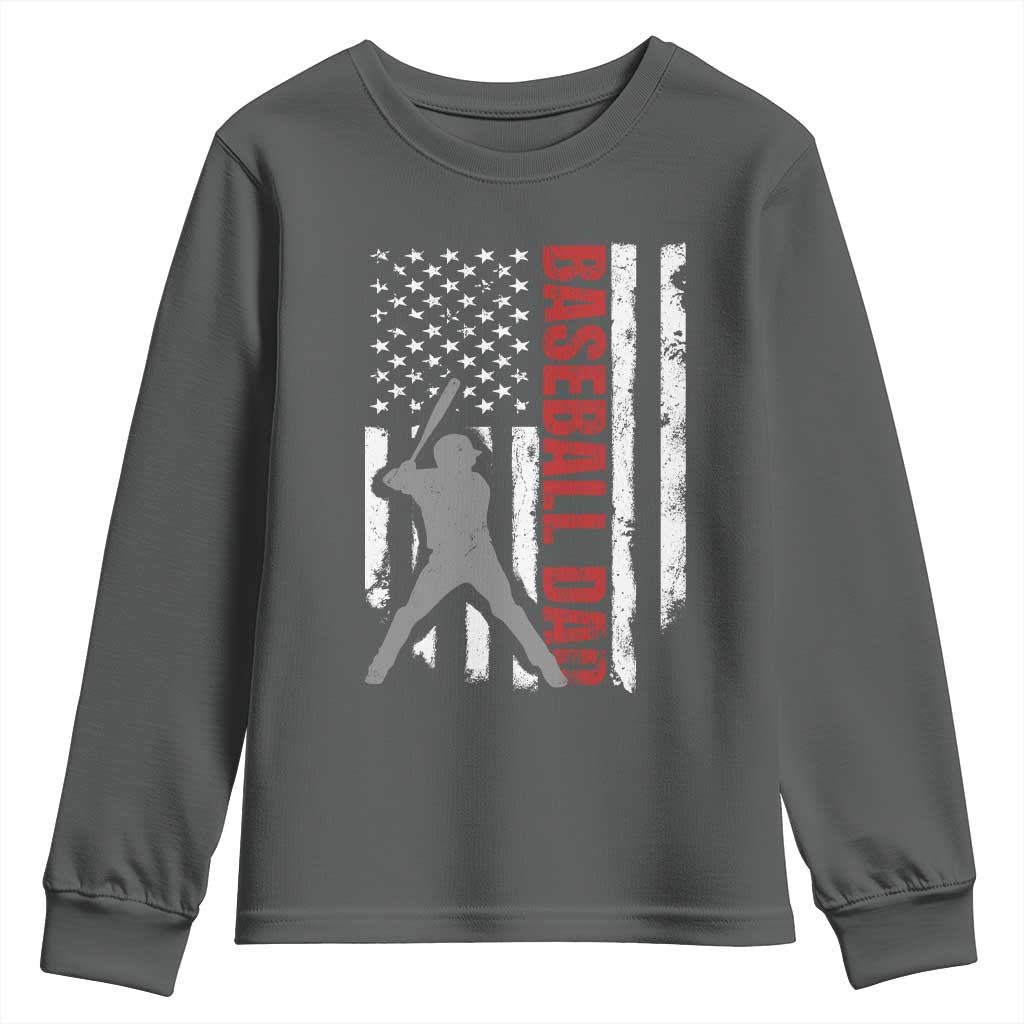 Baseball Dad Youth Sweatshirt Retro US Flag Fathers Day Baseball Player TS10 Dark Heather Print Your Wear