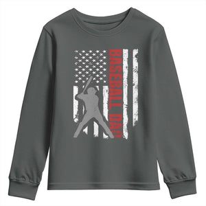 Baseball Dad Youth Sweatshirt Retro US Flag Fathers Day Baseball Player TS10 Dark Heather Print Your Wear