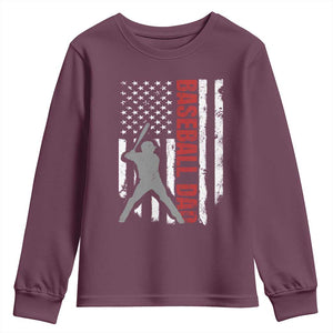 Baseball Dad Youth Sweatshirt Retro US Flag Fathers Day Baseball Player TS10 Maroon Print Your Wear