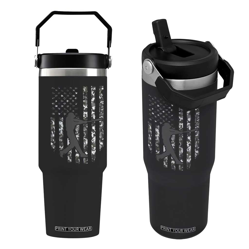 Camo US Flag Baseball Player Flip Straw Tumbler Retro Camouflage American Flag Patriotic TS10 One Size: 30 oz Black Print Your Wear