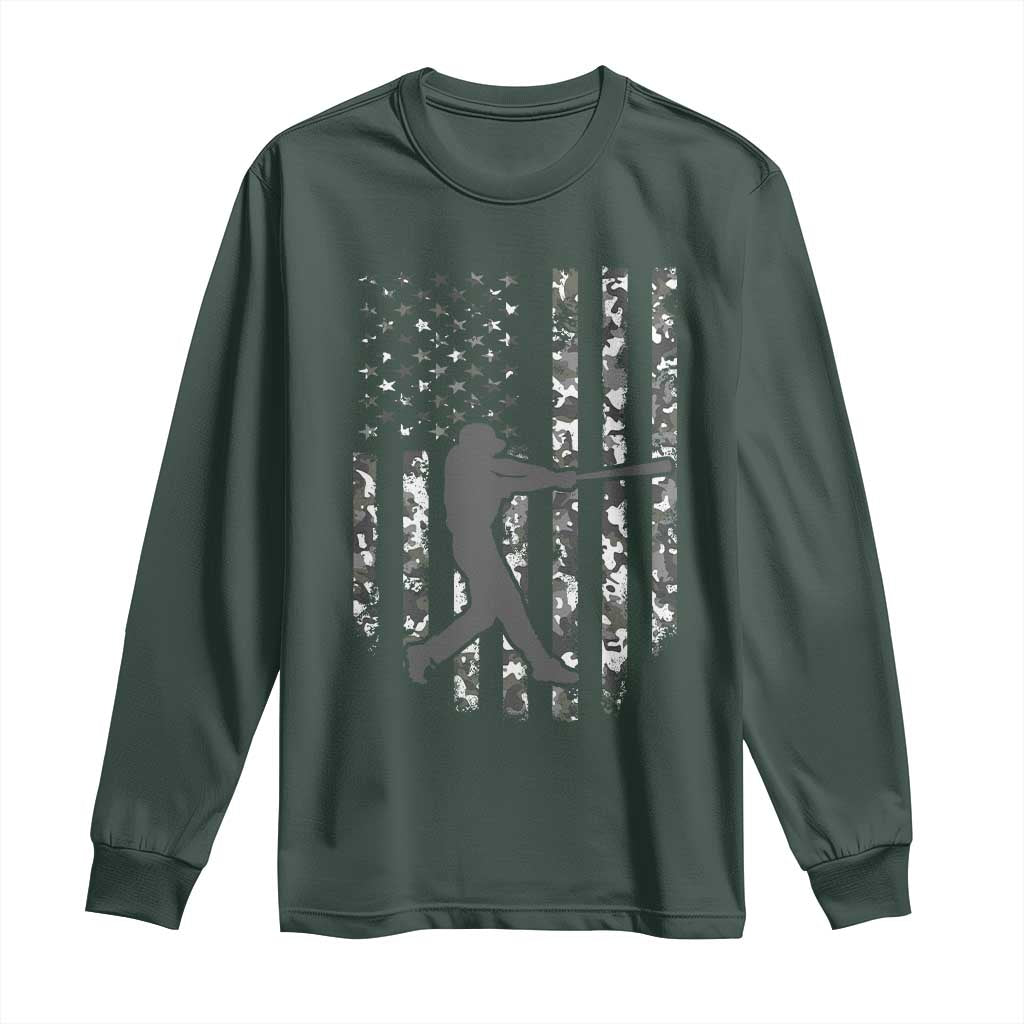 Camo US Flag Baseball Player Long Sleeve Shirt Retro Camouflage American Flag Patriotic TS10 Dark Forest Green Print Your Wear