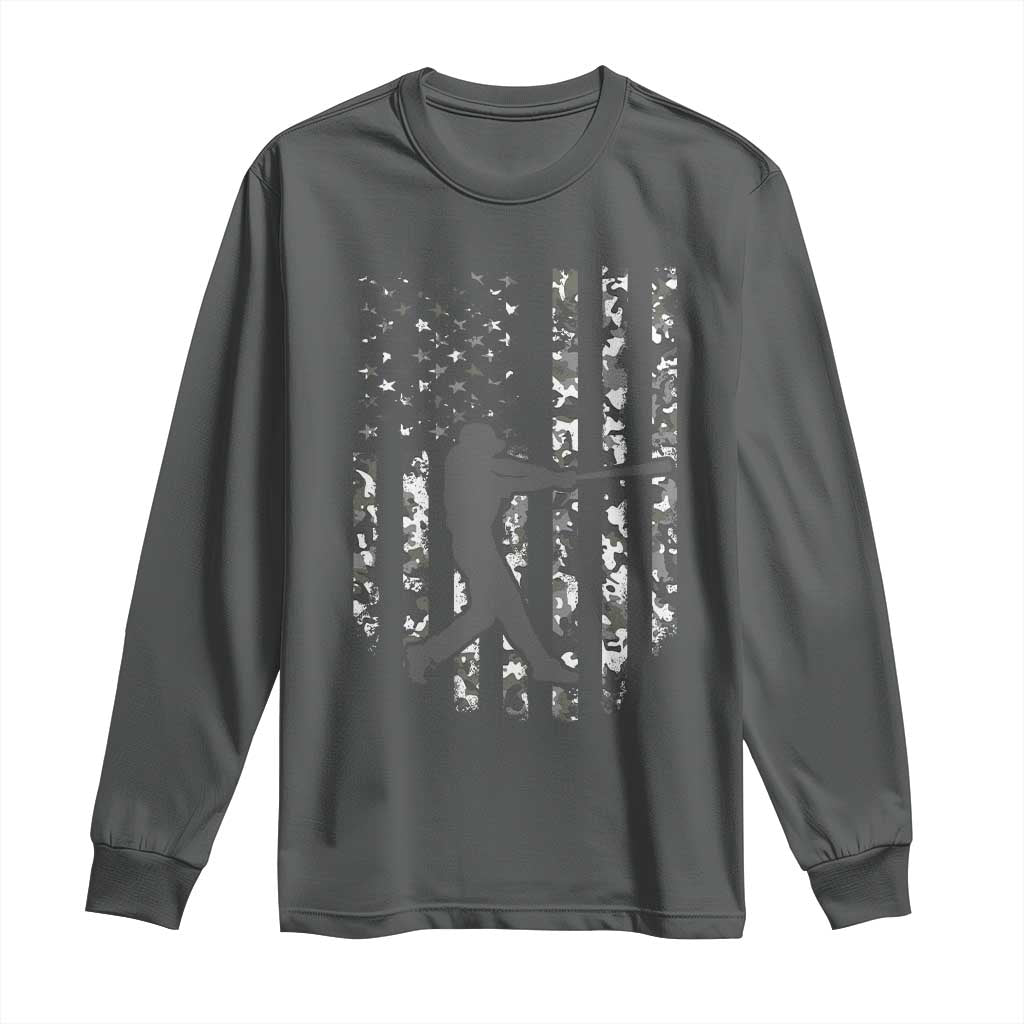 Camo US Flag Baseball Player Long Sleeve Shirt Retro Camouflage American Flag Patriotic TS10 Dark Heather Print Your Wear