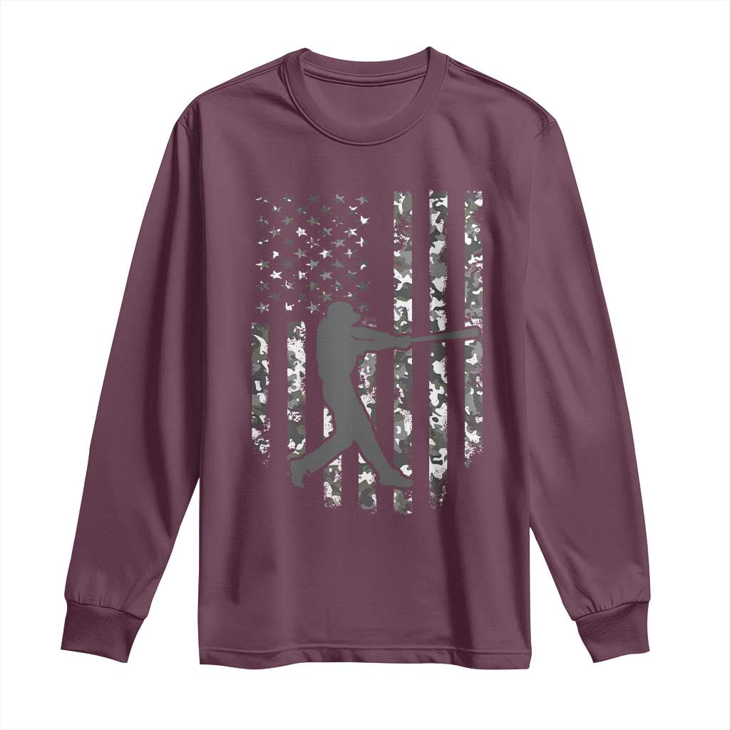 Camo US Flag Baseball Player Long Sleeve Shirt Retro Camouflage American Flag Patriotic TS10 Maroon Print Your Wear