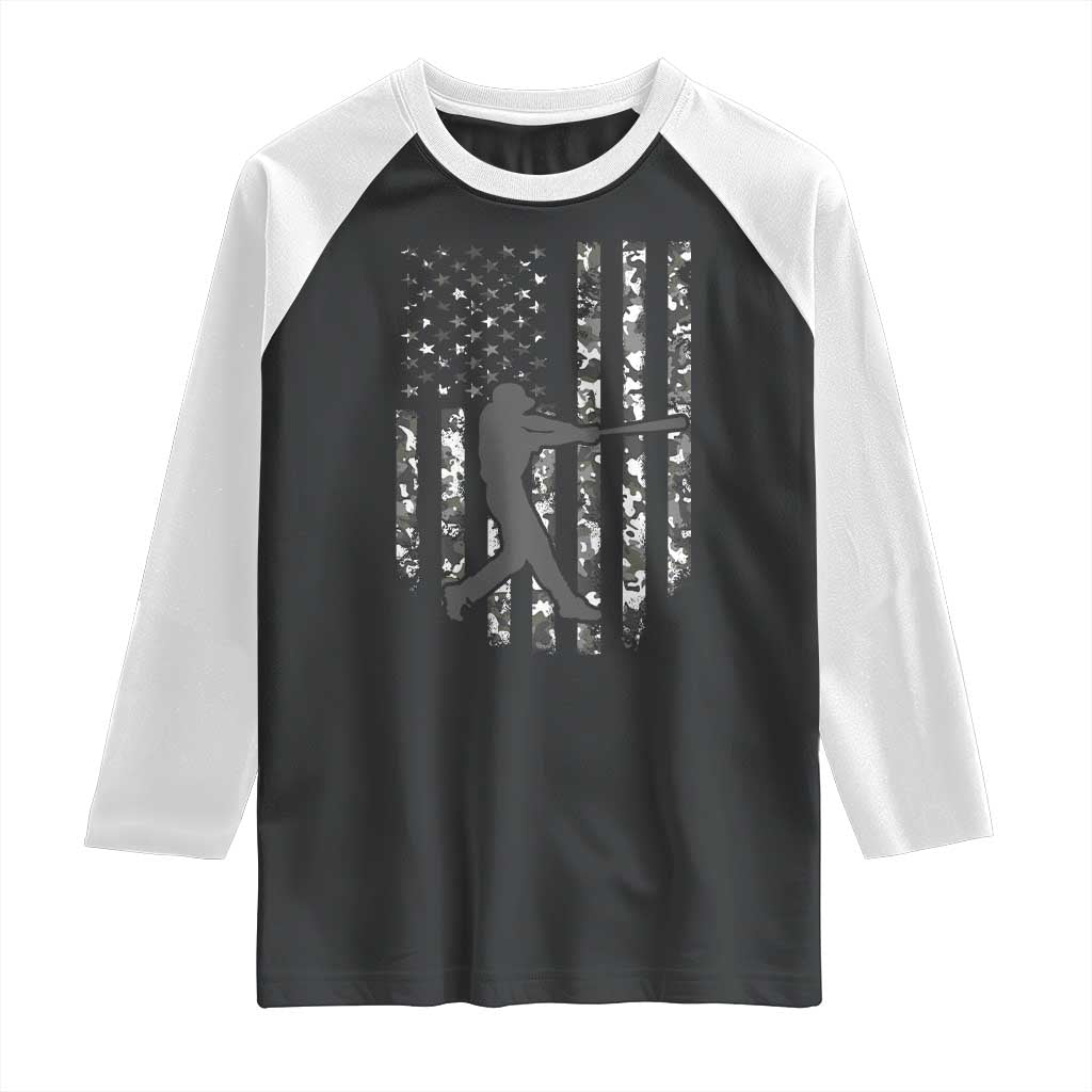 Camo US Flag Baseball Player Raglan Shirt Retro Camouflage American Flag Patriotic TS10 Black White Print Your Wear