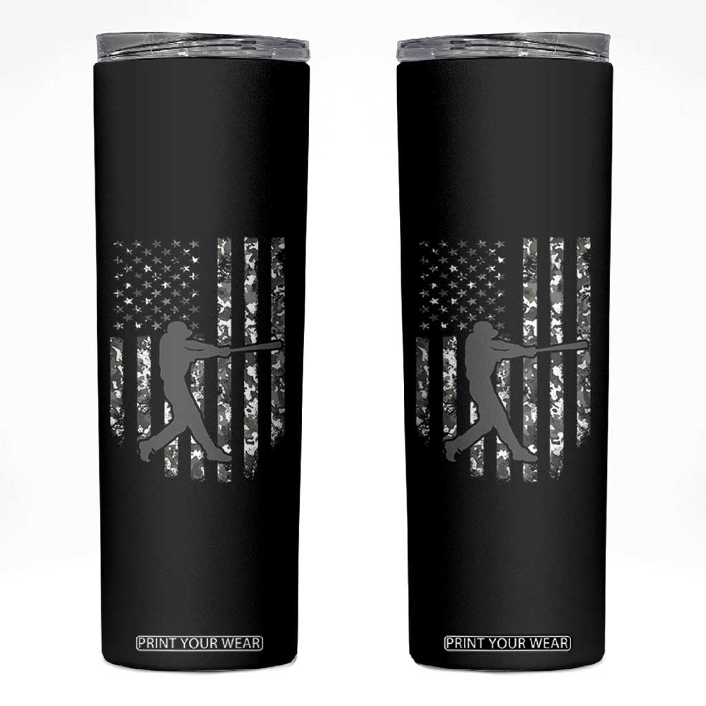Camo US Flag Baseball Player Skinny Tumbler Retro Camouflage American Flag Patriotic TS10 Black Print Your Wear