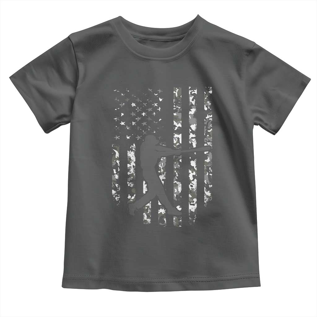 Camo US Flag Baseball Player Toddler T Shirt Retro Camouflage American Flag Patriotic TS10 Dark Heather Print Your Wear