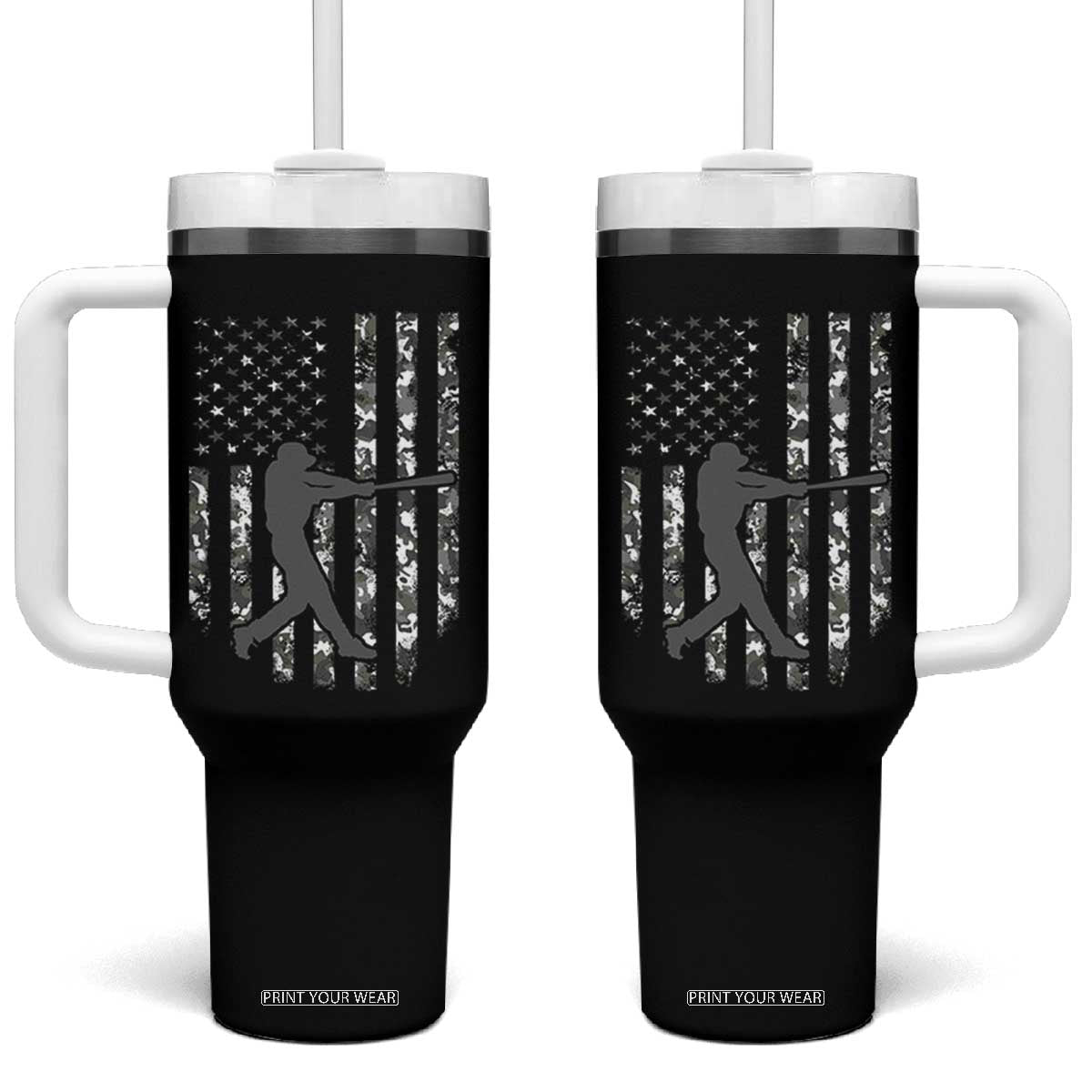 Camo US Flag Baseball Player Tumbler With Handle Retro Camouflage American Flag Patriotic TS10 One Size: 40 oz Black Print Your Wear