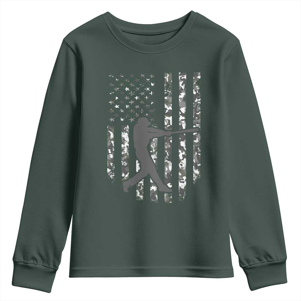 Camo US Flag Baseball Player Youth Sweatshirt Retro Camouflage American Flag Patriotic TS10 Dark Forest Green Print Your Wear