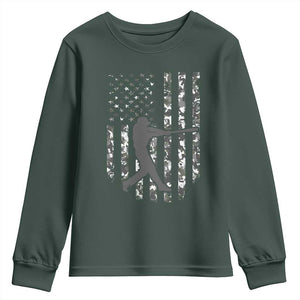 Camo US Flag Baseball Player Youth Sweatshirt Retro Camouflage American Flag Patriotic TS10 Dark Forest Green Print Your Wear