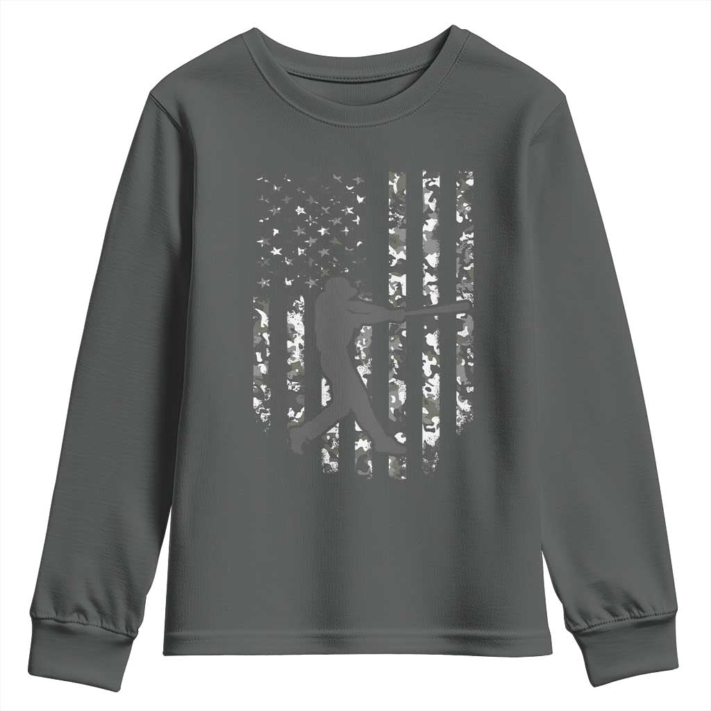 Camo US Flag Baseball Player Youth Sweatshirt Retro Camouflage American Flag Patriotic TS10 Dark Heather Print Your Wear