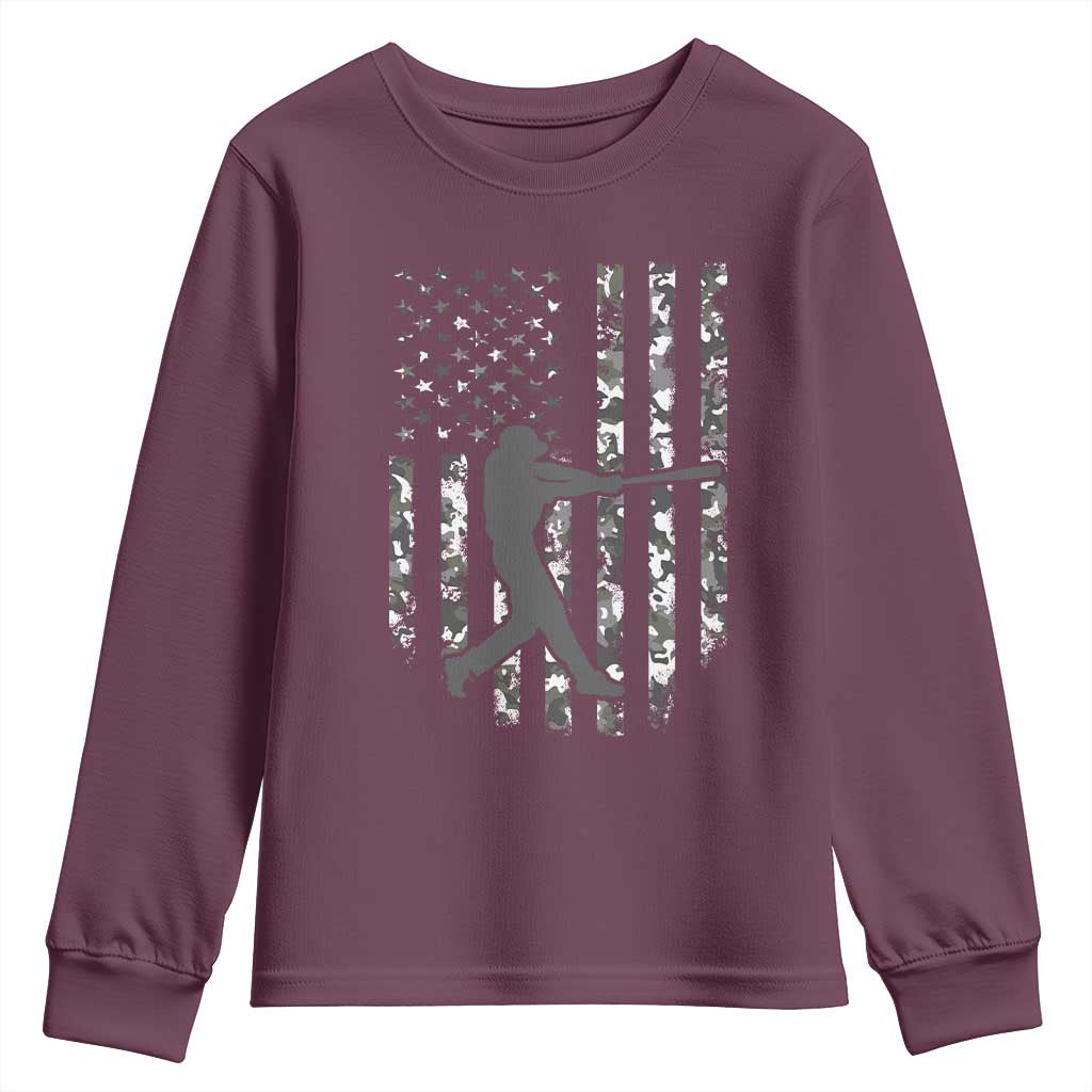 Camo US Flag Baseball Player Youth Sweatshirt Retro Camouflage American Flag Patriotic TS10 Maroon Print Your Wear