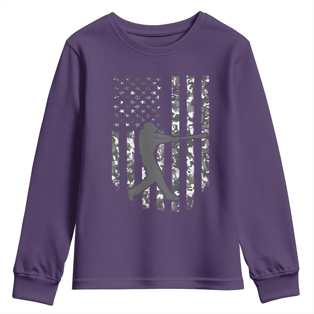 Camo US Flag Baseball Player Youth Sweatshirt Retro Camouflage American Flag Patriotic TS10 Purple Print Your Wear