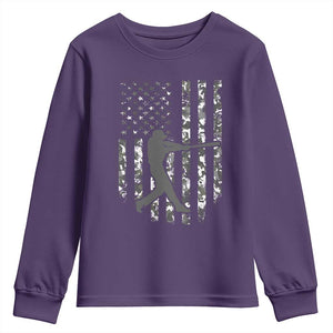 Camo US Flag Baseball Player Youth Sweatshirt Retro Camouflage American Flag Patriotic TS10 Purple Print Your Wear
