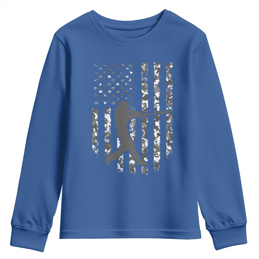 Camo US Flag Baseball Player Youth Sweatshirt Retro Camouflage American Flag Patriotic TS10 Royal Blue Print Your Wear