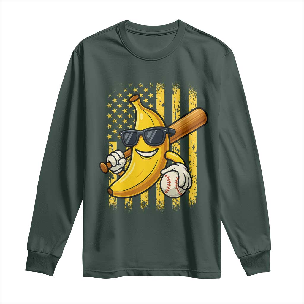 Retro Bananas Long Sleeve Shirt Vintage American Flag Banana Lover TS10 Dark Forest Green Print Your Wear