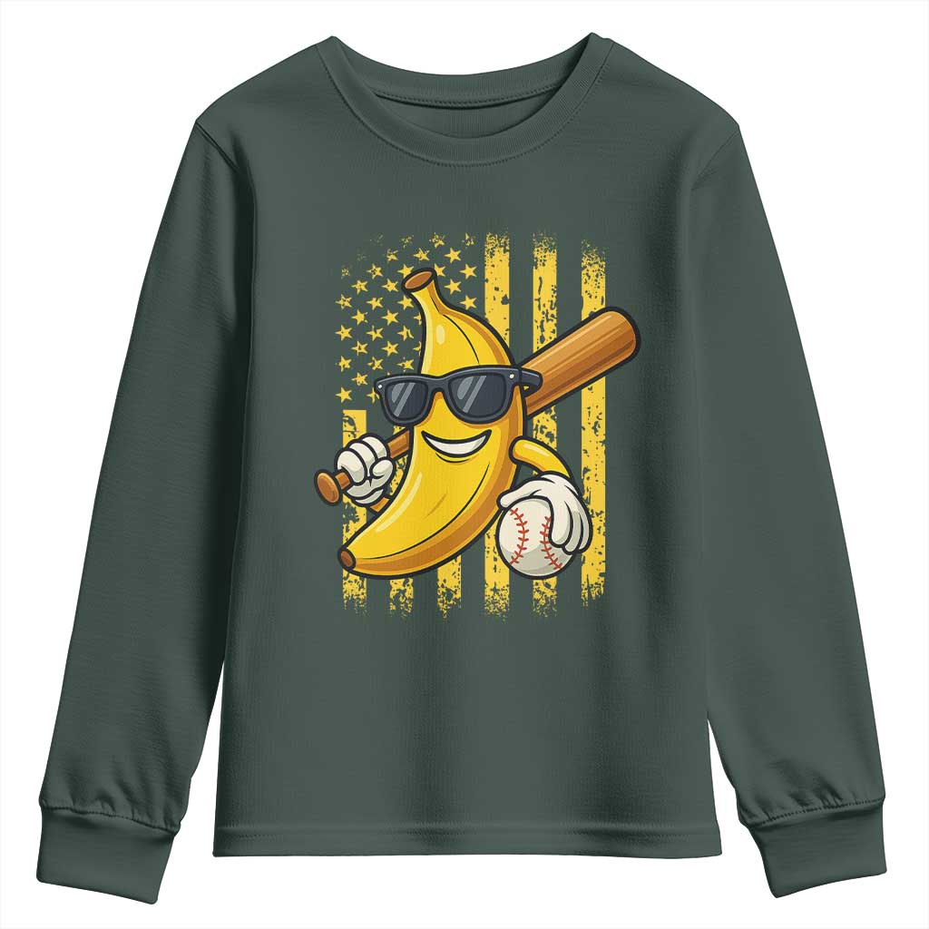 Retro Bananas Youth Sweatshirt Vintage American Flag Banana Lover TS10 Dark Forest Green Print Your Wear