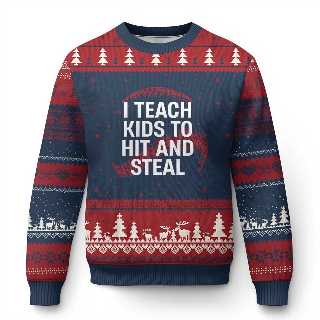 Baseball Coach Ugly Christmas Sweater I Teach Kids To Hit And Steal TS10 Navy Red Print Your Wear