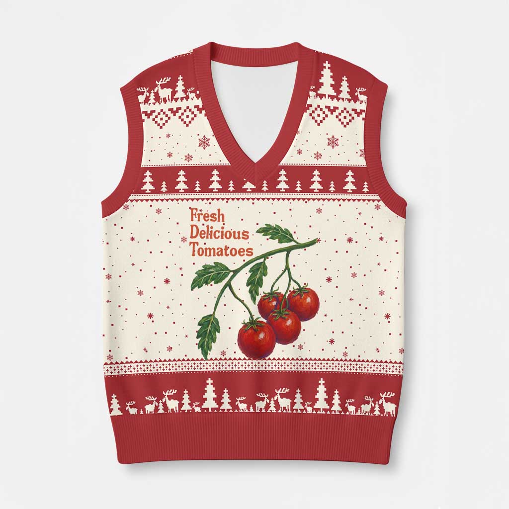 Subtle FDT V-Neck Knit Sweater Vest Fresh Delicious Tomatoes Retro Tomato Vine Graphic Political Humor TS10 Beige Red Print Your Wear