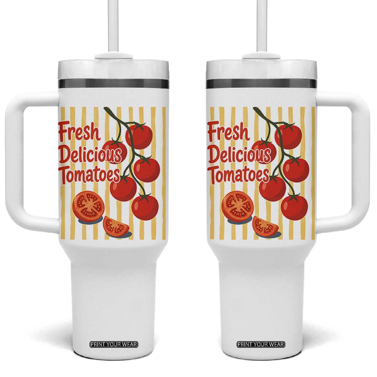 Subtle FDT Tumbler With Handle Fresh Delicious Tomatoes Striped Retro Vintage 80s Subtle FDT