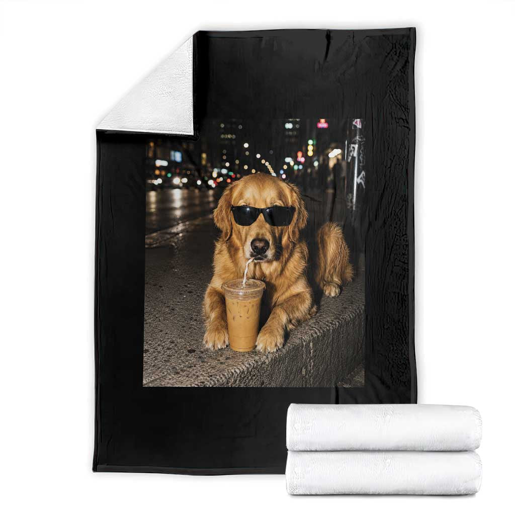Funny Golden Retriever Iced Coffee Throw Blanket Grunge Silly Meme Graphic Funny Dog Lover
