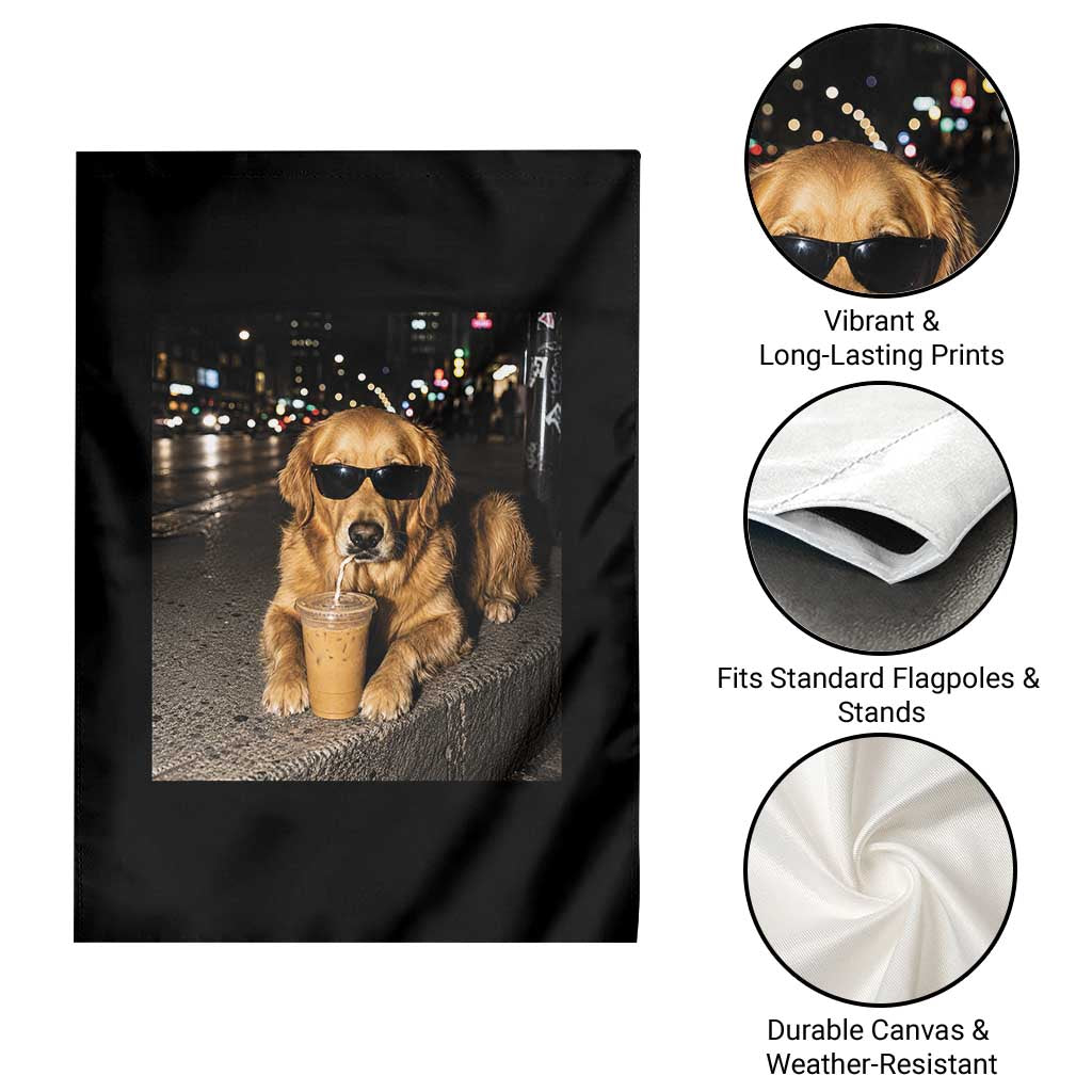 Funny Golden Retriever Iced Coffee Garden Flag Grunge Silly Meme Graphic Funny Dog Lover